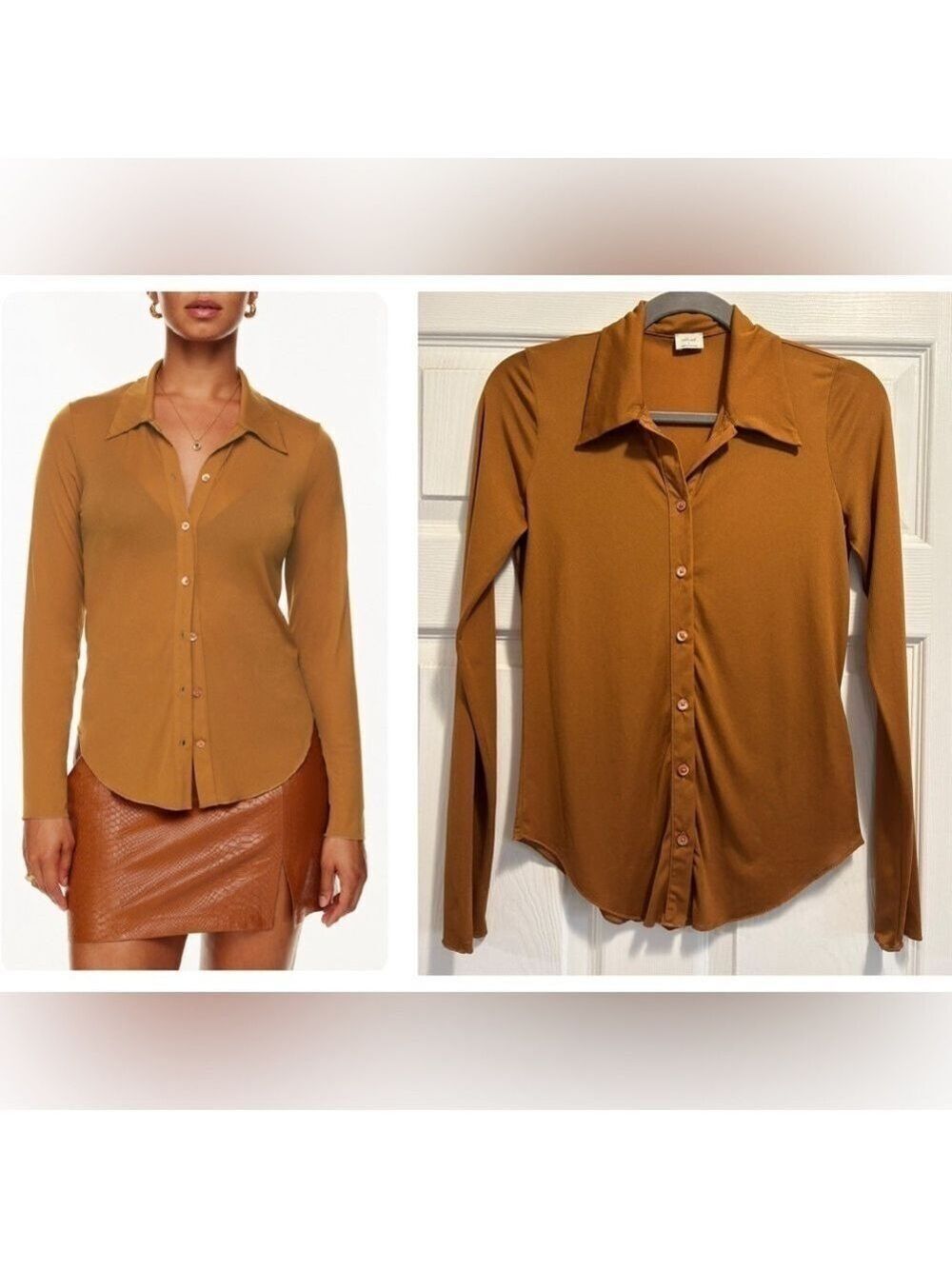 Artizia Wilfred Pose Hip Long Sleeve Button Up Shirt Rich Chestnut Brown Small